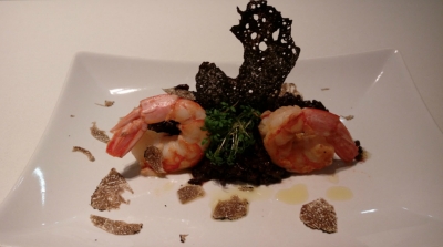 Risotto Nero Venere, schwarzer Reis mit Rot-Garnelen